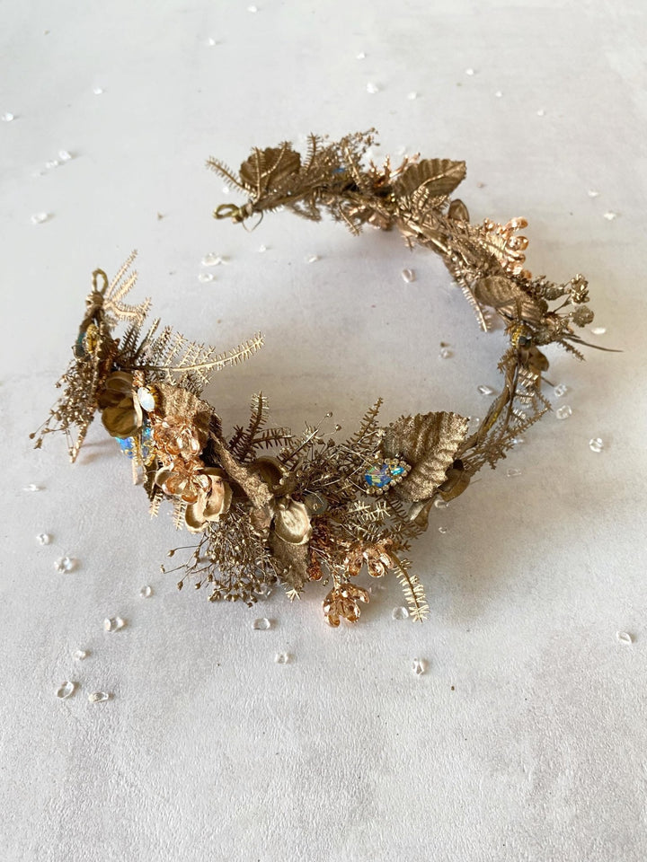 Gold Flower Crown: Glamour Bridal Tiara, Fantasy Wedding Jewelry – handmade floral hair accessory by magaela