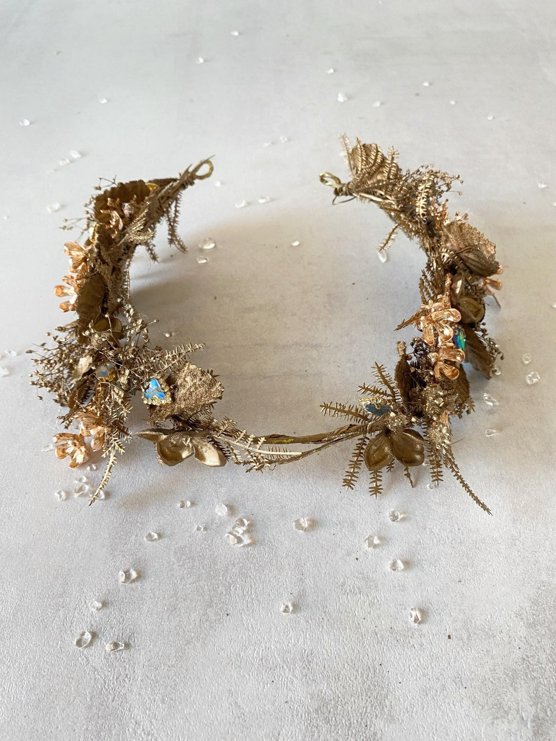 Gold Flower Crown: Glamour Bridal Tiara, Fantasy Wedding Jewelry – handmade floral hair accessory by magaela