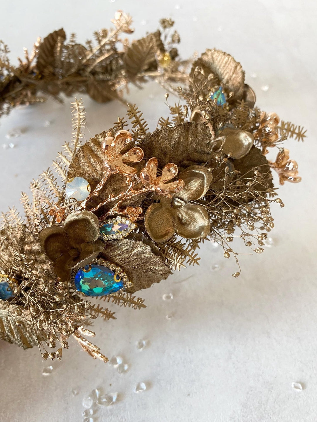 Gold Flower Crown: Glamour Bridal Tiara, Fantasy Wedding Jewelry – handmade floral hair accessory by magaela