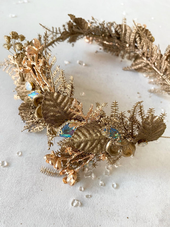 Gold Flower Crown: Glamour Bridal Tiara, Fantasy Wedding Jewelry – handmade floral hair accessory by magaela