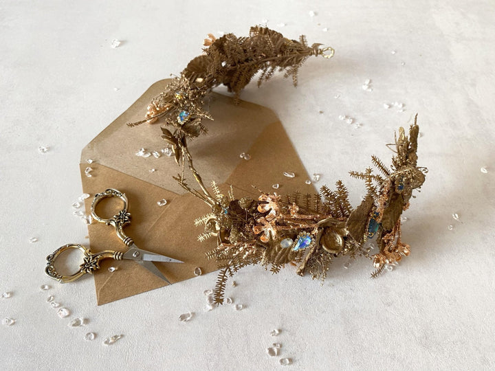 Gold Flower Crown: Glamour Bridal Tiara, Fantasy Wedding Jewelry – handmade floral hair accessory by magaela