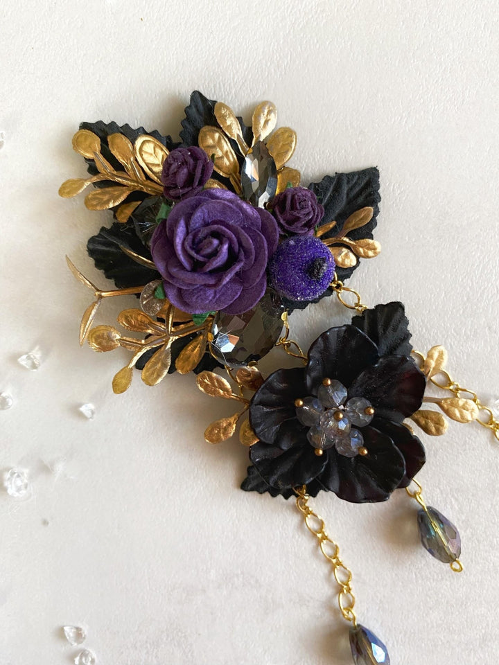 Purple Black Gold Flower Brooch: Glam Magaela Jewelry – handmade floral hair accessory by magaela