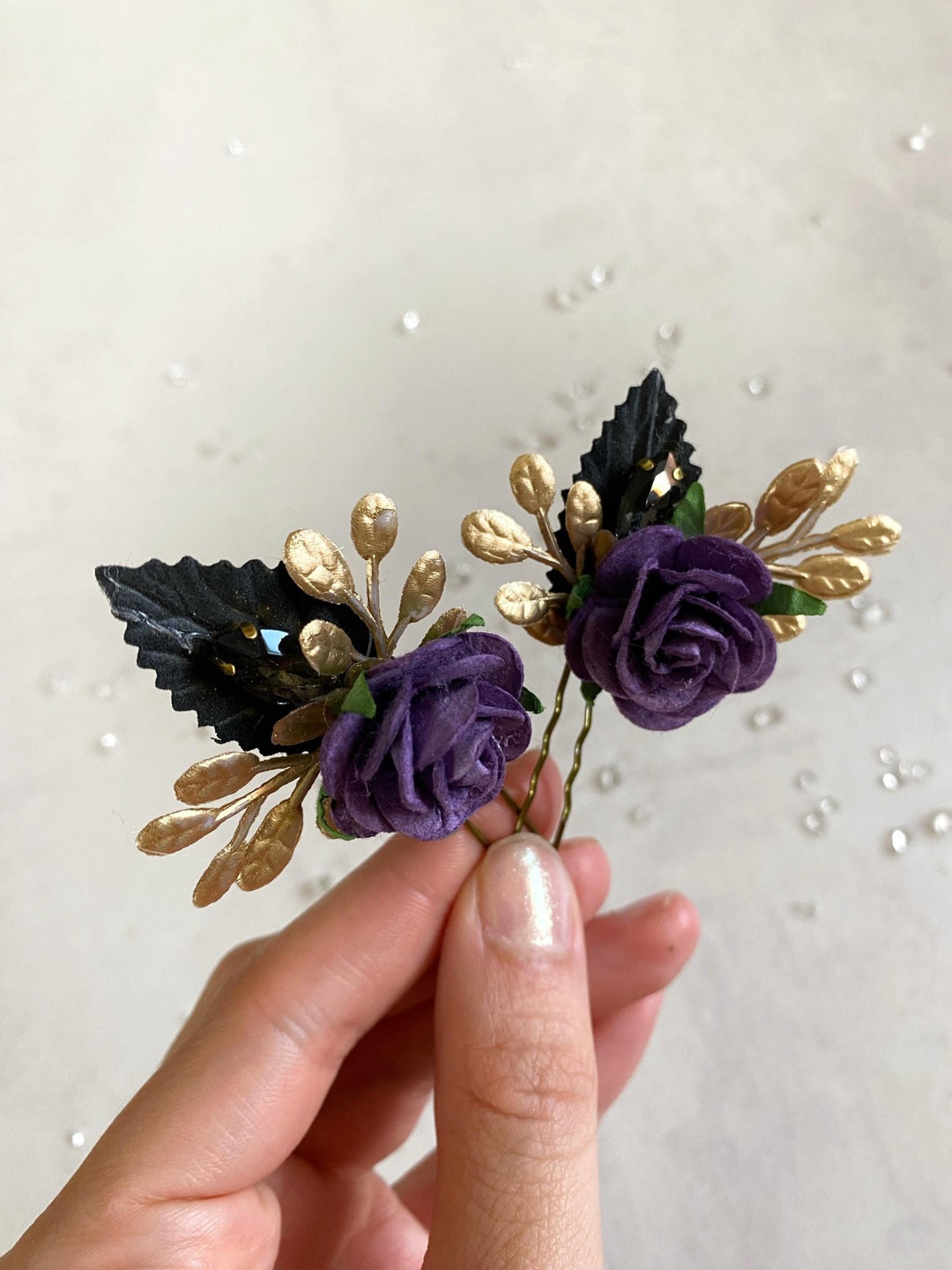 Purple & Gold Floral Hair Pins: Couture Wedding Hair Accessory – handmade floral hair accessory by magaela