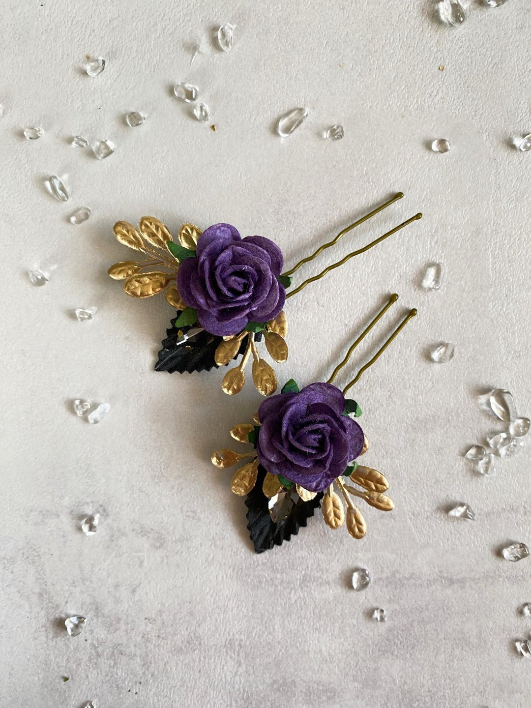 Purple & Gold Floral Hair Pins: Couture Wedding Hair Accessory – handmade floral hair accessory by magaela