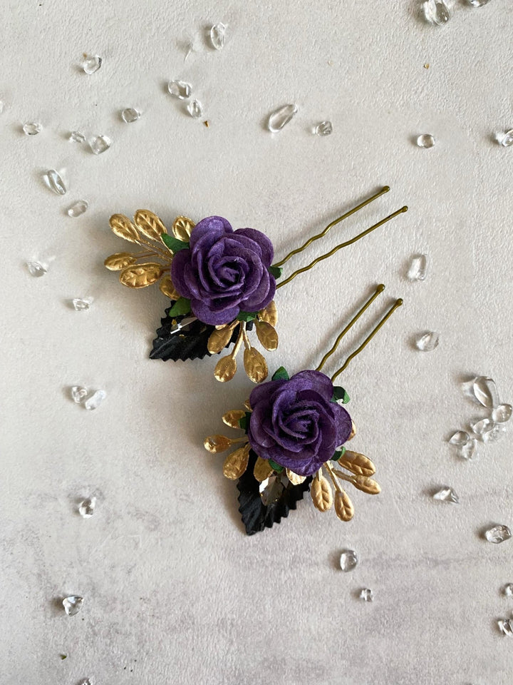 Purple & Gold Floral Hair Pins: Couture Wedding Hair Accessory – handmade floral hair accessory by magaela