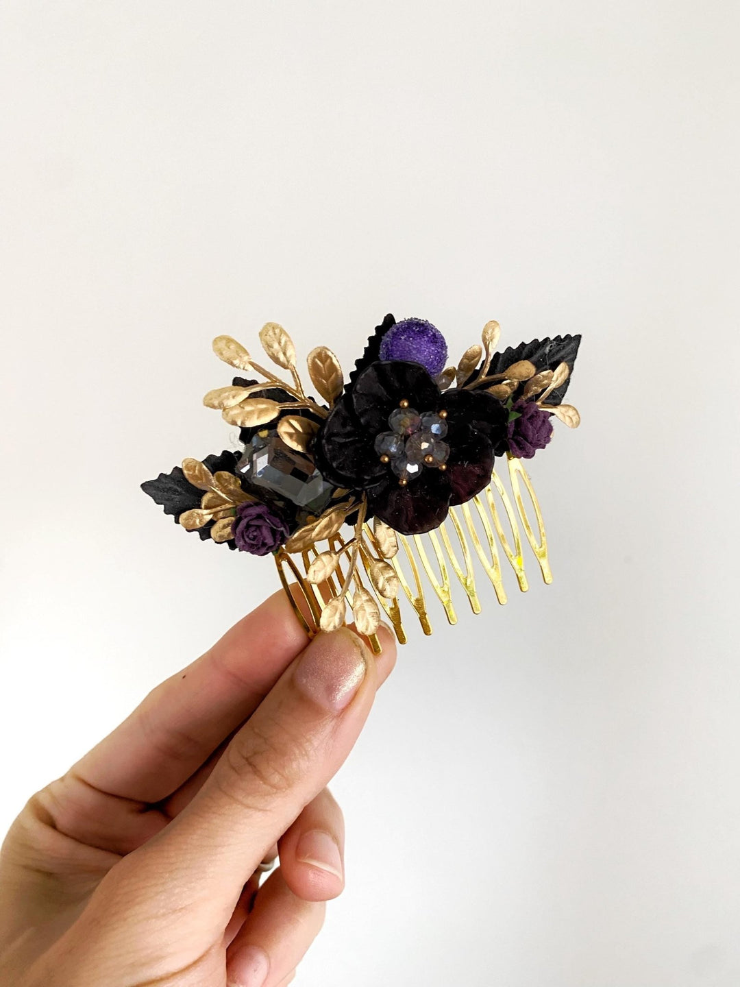 Purple Black Gold Floral Hair Comb: Glam Gothic Wedding Jewelry – handmade floral hair accessory by magaela
