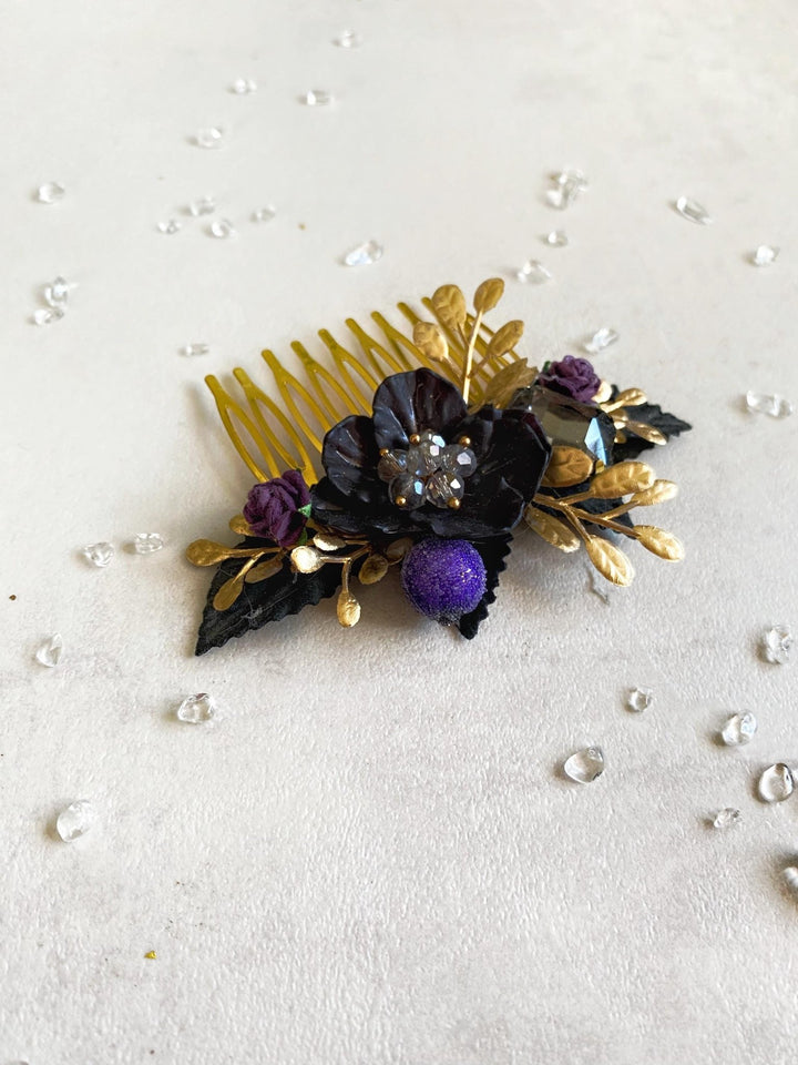 Purple Black Gold Floral Hair Comb: Glam Gothic Wedding Jewelry – handmade floral hair accessory by magaela