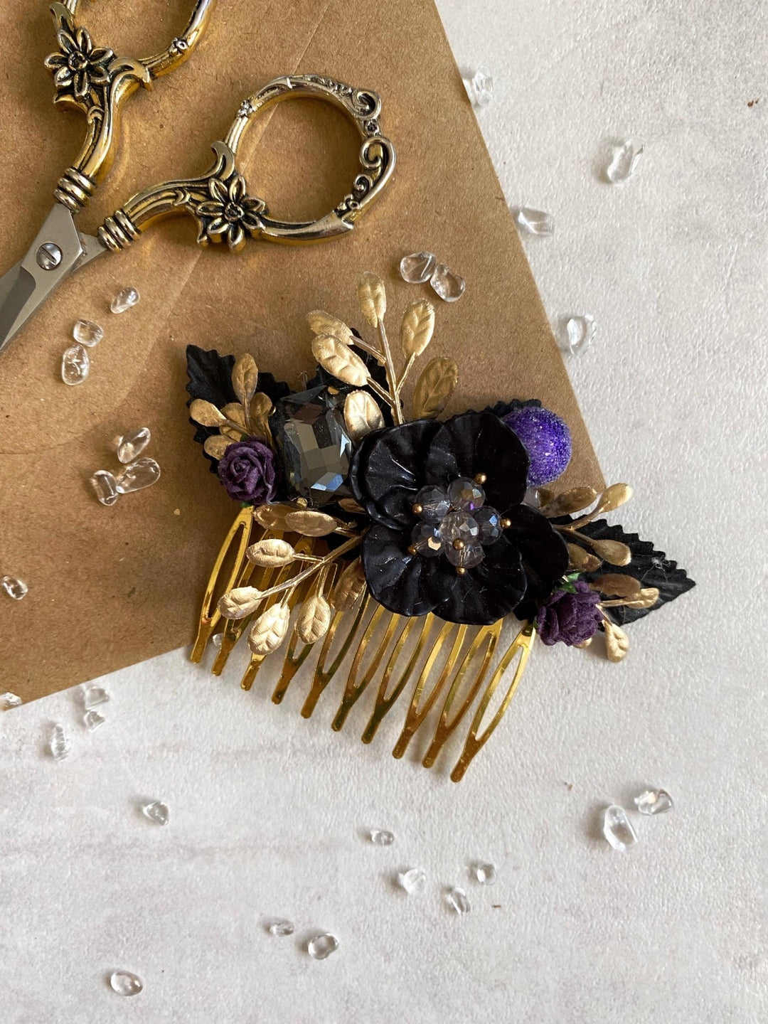 Purple Black Gold Floral Hair Comb: Glam Gothic Wedding Jewelry – handmade floral hair accessory by magaela