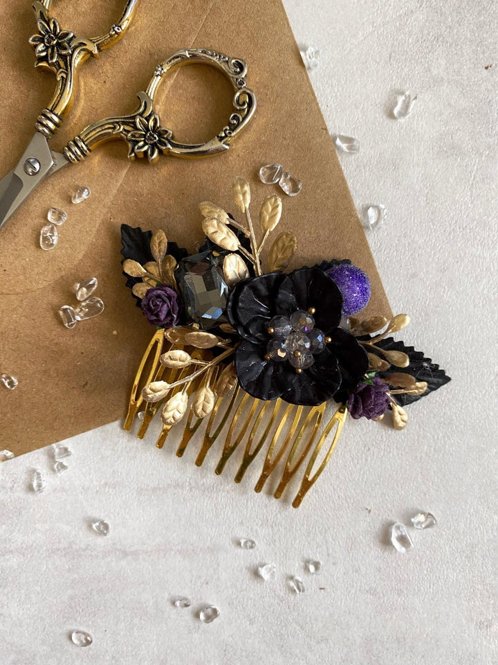 Purple Black Gold Floral Hair Comb: Glam Gothic Wedding Jewelry – handmade floral hair accessory by magaela