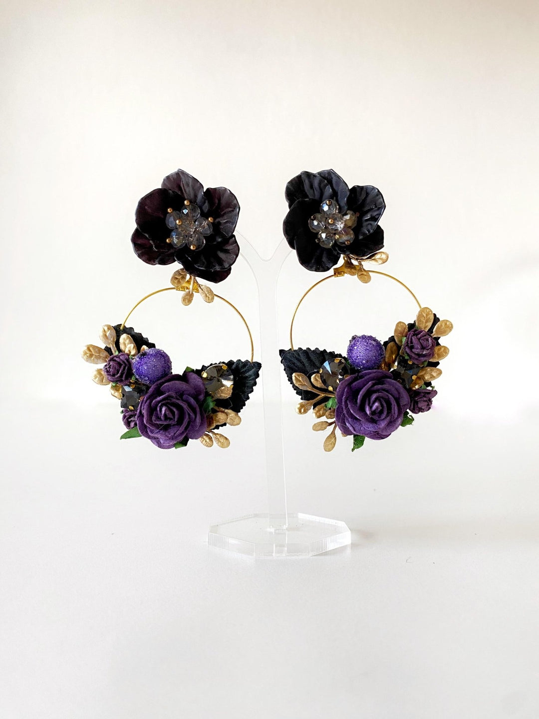 Purple & Gold Flower Earrings: Gothic Bridal Jewelry, 6cm Circle – handmade floral hair accessory by magaela