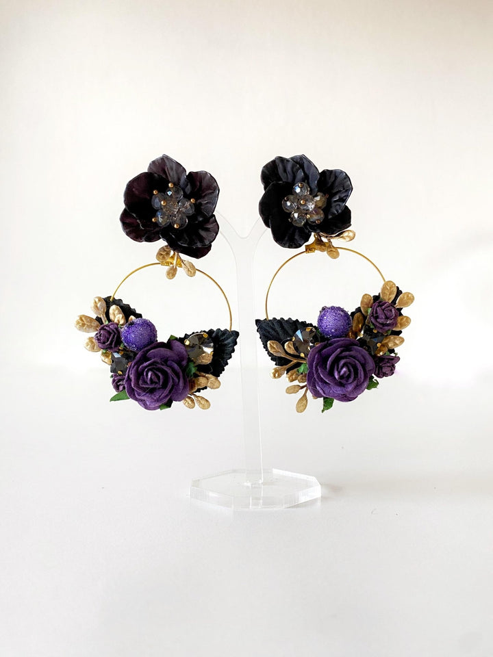 Purple & Gold Flower Earrings: Gothic Bridal Jewelry, 6cm Circle – handmade floral hair accessory by magaela