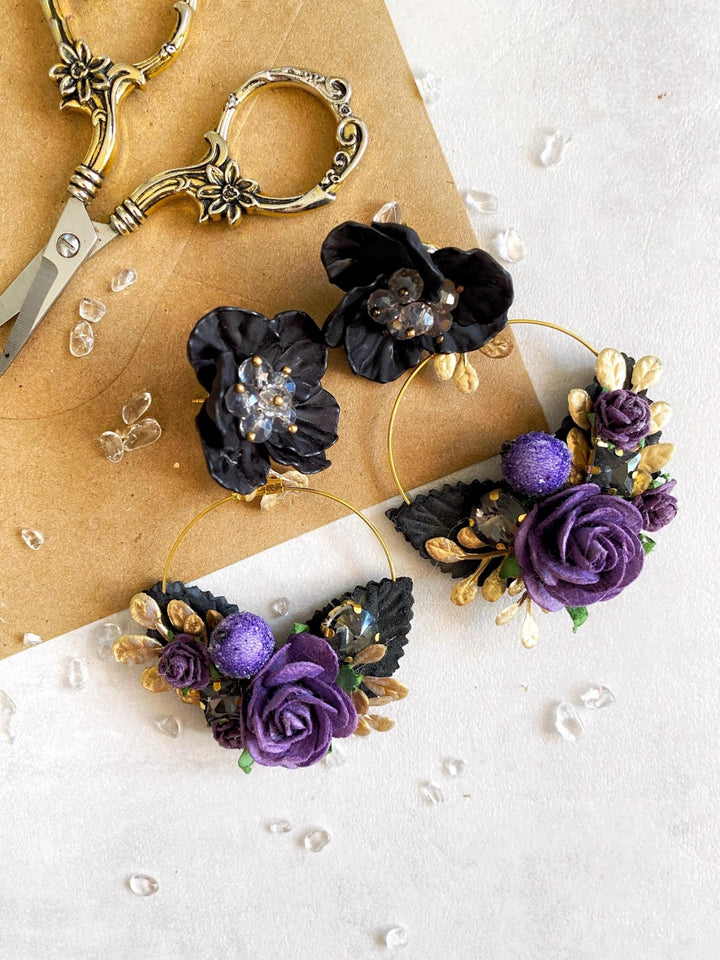 Purple & Gold Flower Earrings: Gothic Bridal Jewelry, 6cm Circle – handmade floral hair accessory by magaela