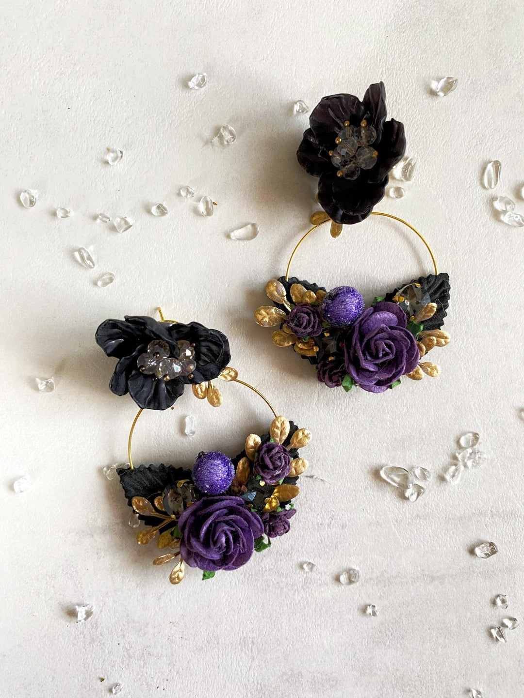 Purple & Gold Flower Earrings: Gothic Bridal Jewelry, 6cm Circle – handmade floral hair accessory by magaela