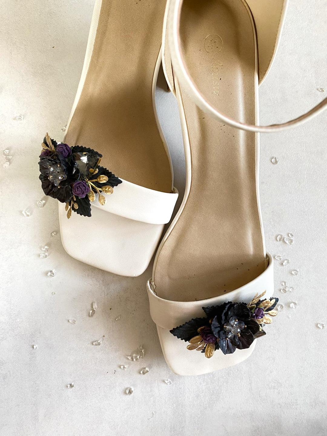 Black Purple & Gold Flower Shoe Clips: Gothic Glam Bridal Jewelry – handmade floral hair accessory by magaela