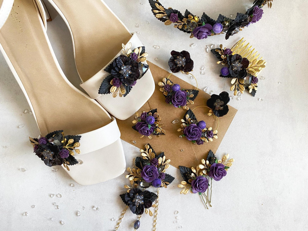Black Purple & Gold Flower Shoe Clips: Gothic Glam Bridal Jewelry – handmade floral hair accessory by magaela