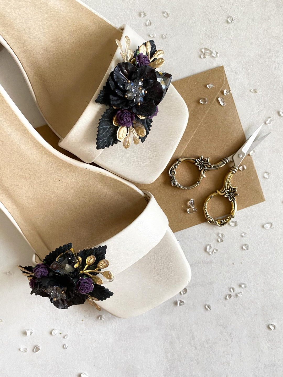Black Purple & Gold Flower Shoe Clips: Gothic Glam Bridal Jewelry – handmade floral hair accessory by magaela