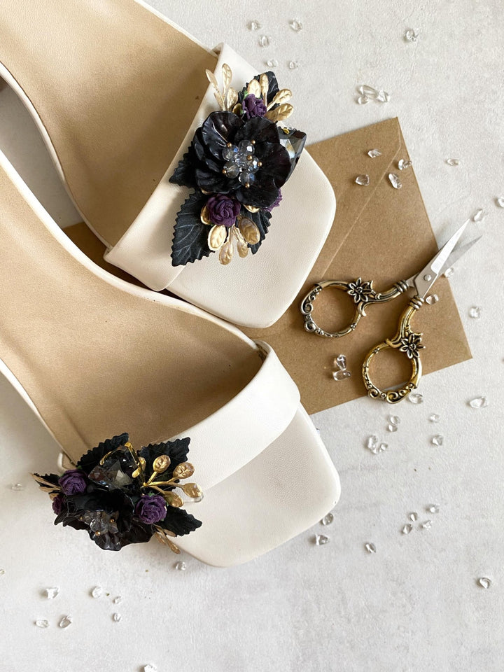 Black Purple & Gold Flower Shoe Clips: Gothic Glam Bridal Jewelry – handmade floral hair accessory by magaela