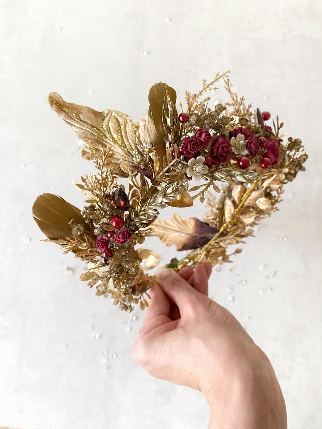 Burgundy Gold Flower Crown: Glam Bridal Tiara, Fantasy Wedding – handmade floral hair accessory by magaela