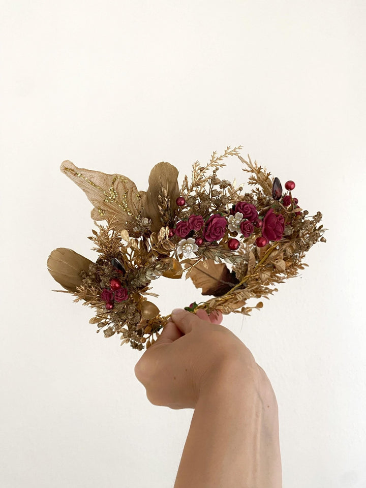 Burgundy Gold Flower Crown: Glam Bridal Tiara, Fantasy Wedding – handmade floral hair accessory by magaela