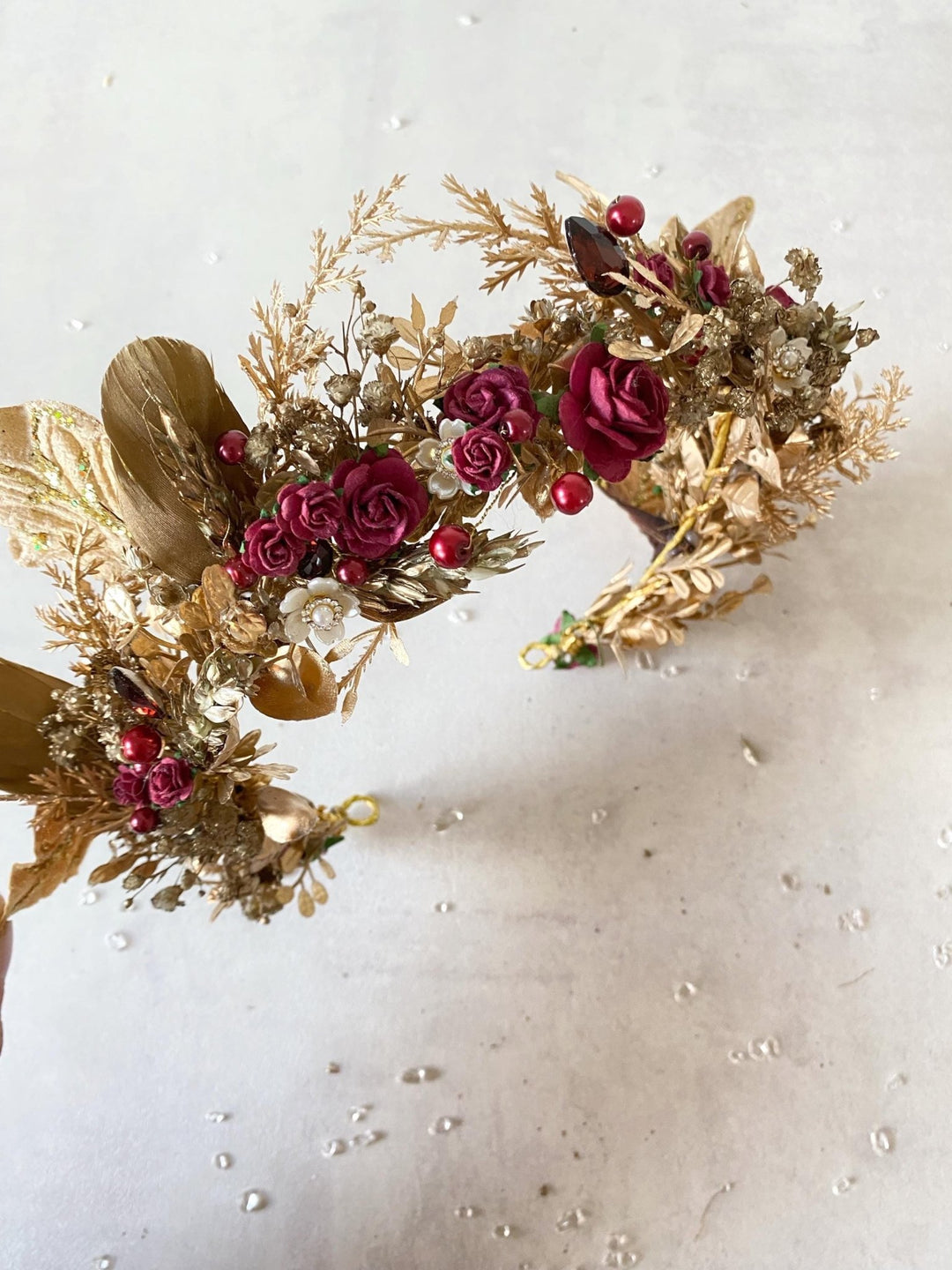 Burgundy Gold Flower Crown: Glam Bridal Tiara, Fantasy Wedding – handmade floral hair accessory by magaela