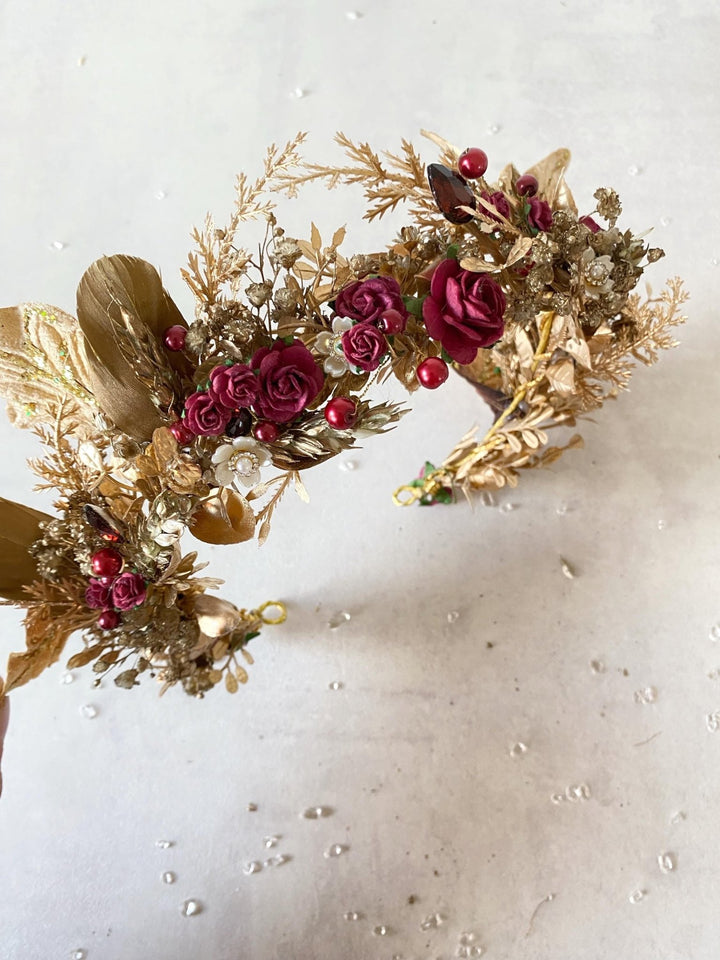 Burgundy Gold Flower Crown: Glam Bridal Tiara, Fantasy Wedding – handmade floral hair accessory by magaela