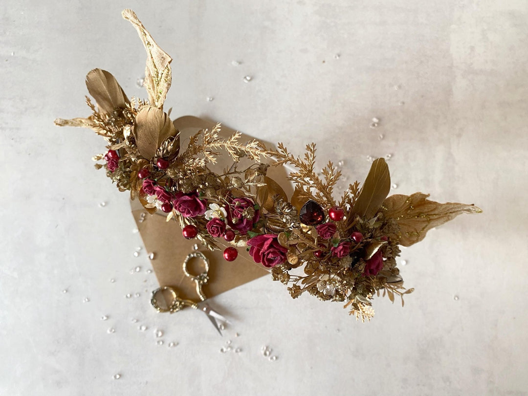 Burgundy Gold Flower Crown: Glam Bridal Tiara, Fantasy Wedding – handmade floral hair accessory by magaela