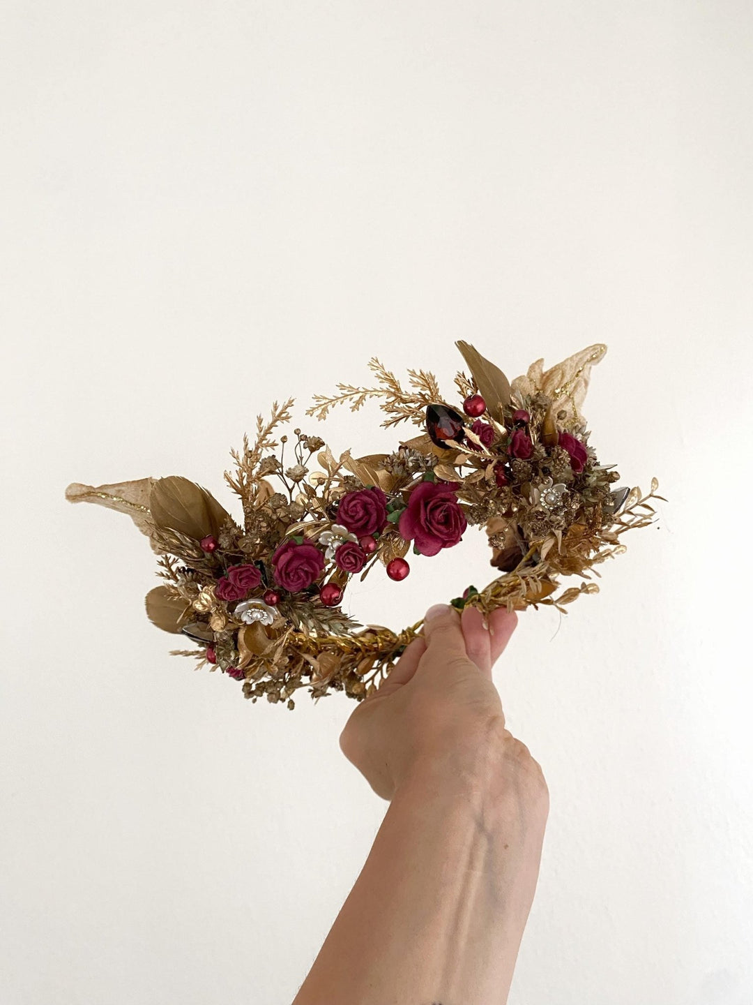 Burgundy Gold Flower Crown: Glam Bridal Tiara, Fantasy Wedding – handmade floral hair accessory by magaela