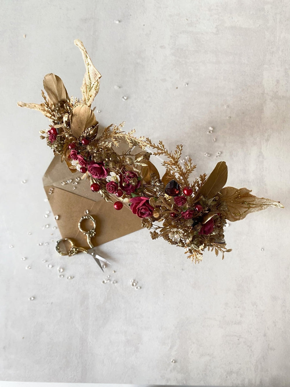 Burgundy Gold Flower Crown: Glam Bridal Tiara, Fantasy Wedding – handmade floral hair accessory by magaela