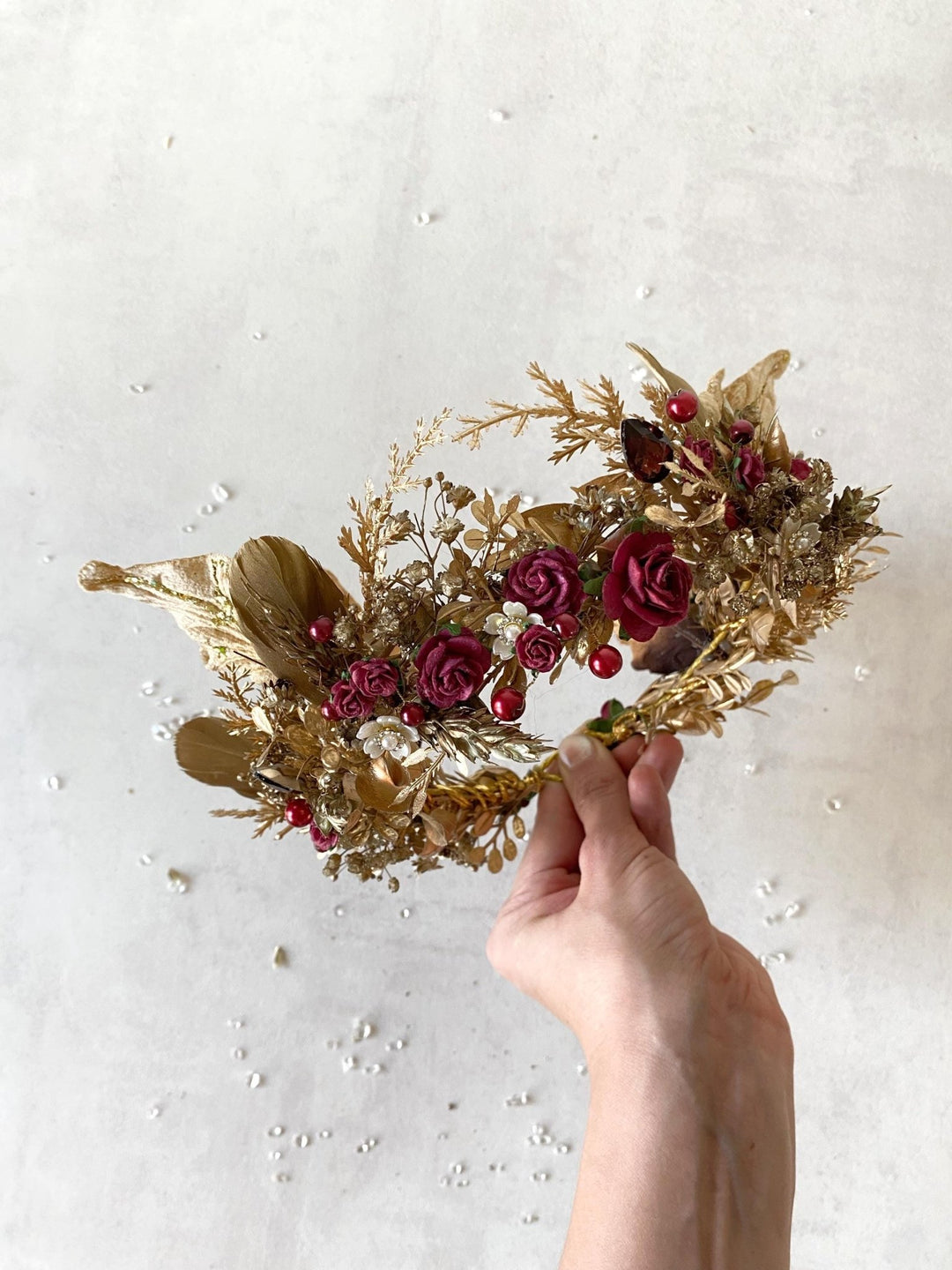 Burgundy Gold Flower Crown: Glam Bridal Tiara, Fantasy Wedding – handmade floral hair accessory by magaela
