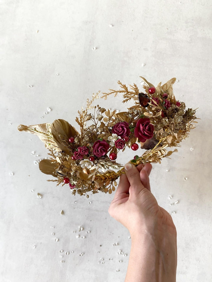 Burgundy Gold Flower Crown: Glam Bridal Tiara, Fantasy Wedding – handmade floral hair accessory by magaela