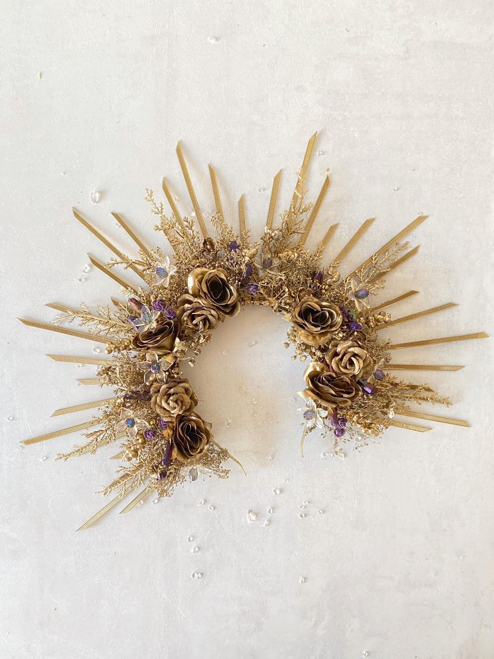 Gold & Purple Halo Crown: Crystal Bead Spiked Sun Ray Crown – handmade floral hair accessory by magaela