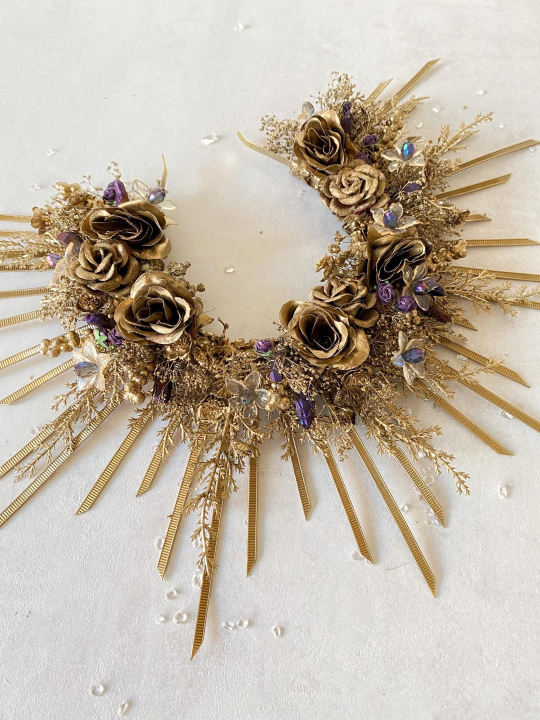 Gold & Purple Halo Crown: Crystal Bead Spiked Sun Ray Crown – handmade floral hair accessory by magaela