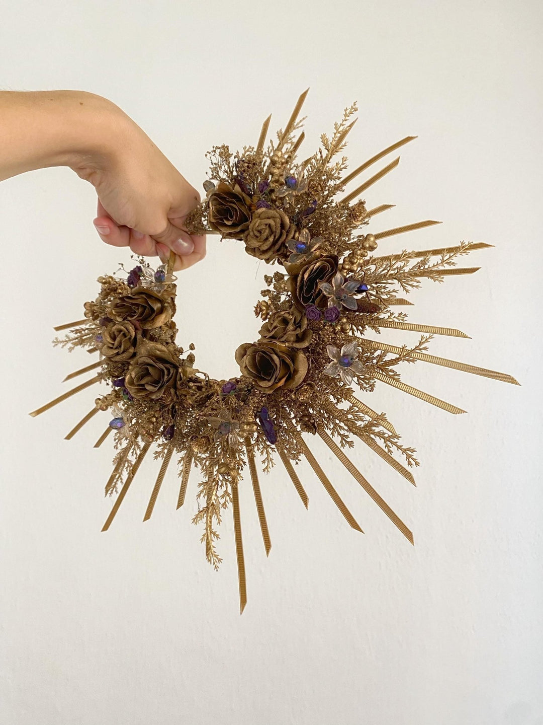 Gold & Purple Halo Crown: Crystal Bead Spiked Sun Ray Crown – handmade floral hair accessory by magaela