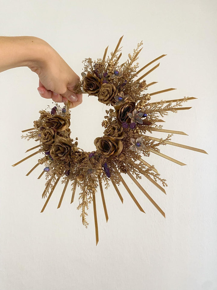 Gold & Purple Halo Crown: Crystal Bead Spiked Sun Ray Crown – handmade floral hair accessory by magaela