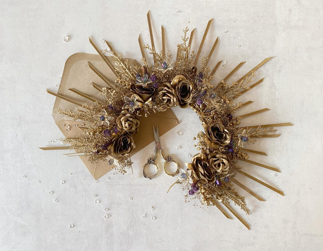 Gold & Purple Halo Crown: Crystal Bead Spiked Sun Ray Crown – handmade floral hair accessory by magaela