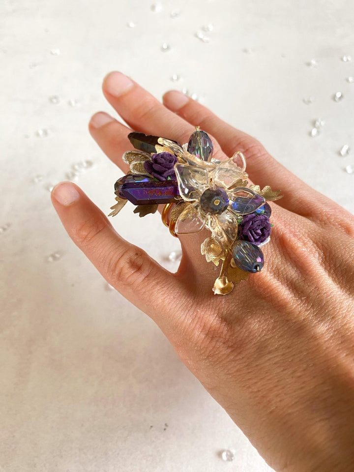 Glam Flower Ring: Purple, Gold, Crystals & Lace – handmade floral hair accessory by magaela