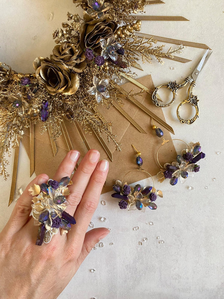 Glam Flower Ring: Purple, Gold, Crystals & Lace – handmade floral hair accessory by magaela