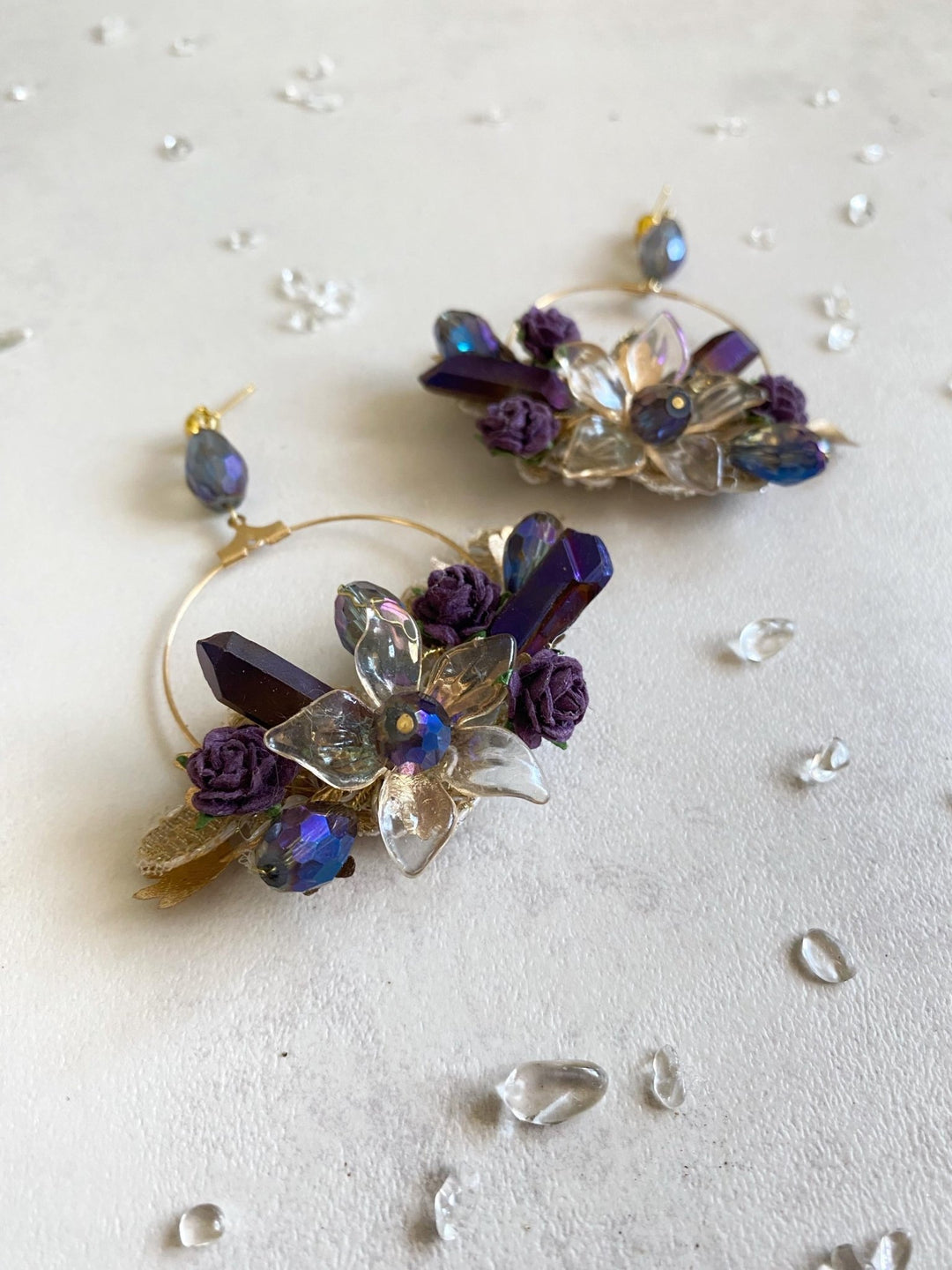 Purple & Gold Crystal Flower Earrings: Glam Bridal Jewelry – handmade floral hair accessory by magaela