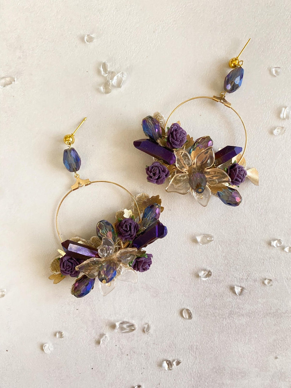 Purple & Gold Crystal Flower Earrings: Glam Bridal Jewelry – handmade floral hair accessory by magaela