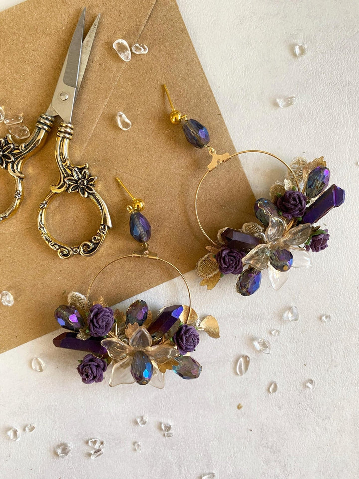 Purple & Gold Crystal Flower Earrings: Glam Bridal Jewelry – handmade floral hair accessory by magaela