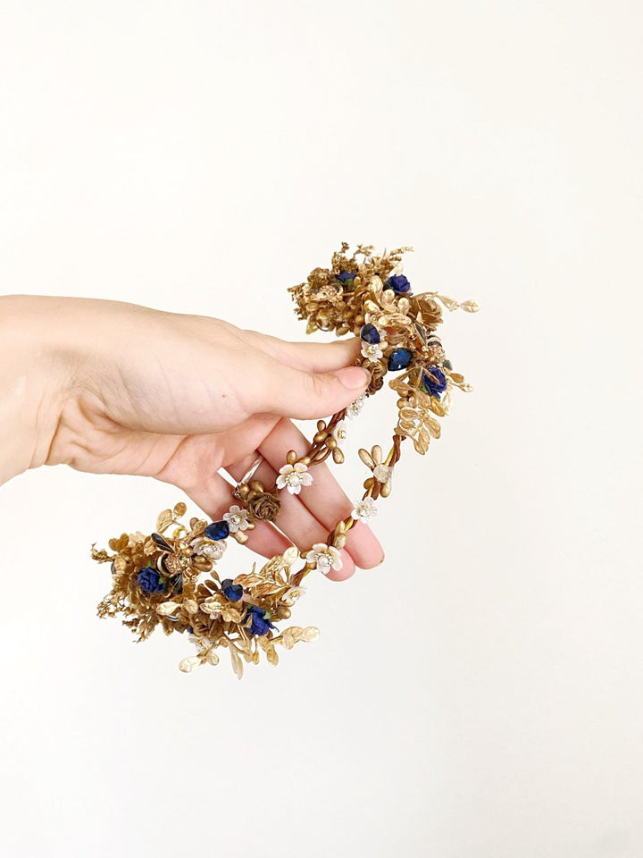 Royal Blue & Gold Flower Crown: Glam Wedding Tiara – handmade floral hair accessory by magaela