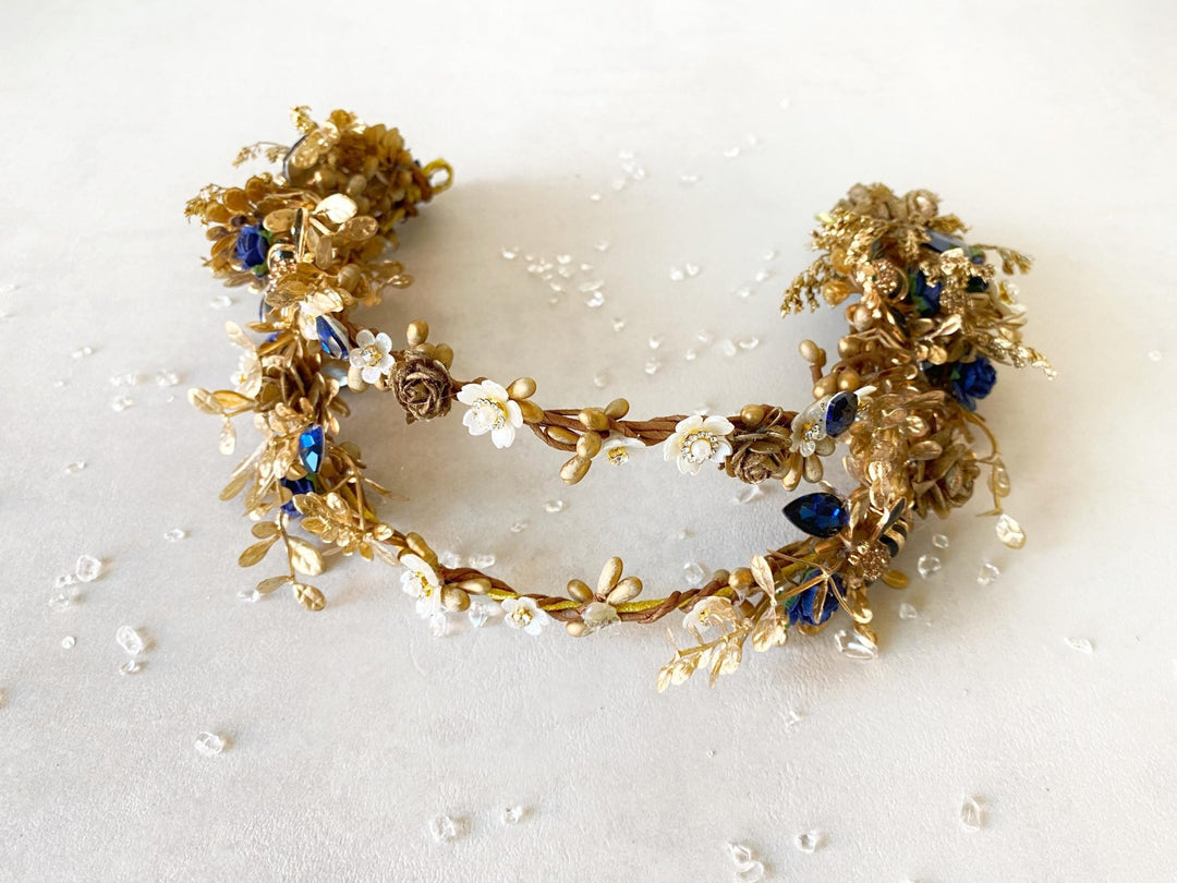 Royal Blue & Gold Flower Crown: Glam Wedding Tiara – handmade floral hair accessory by magaela