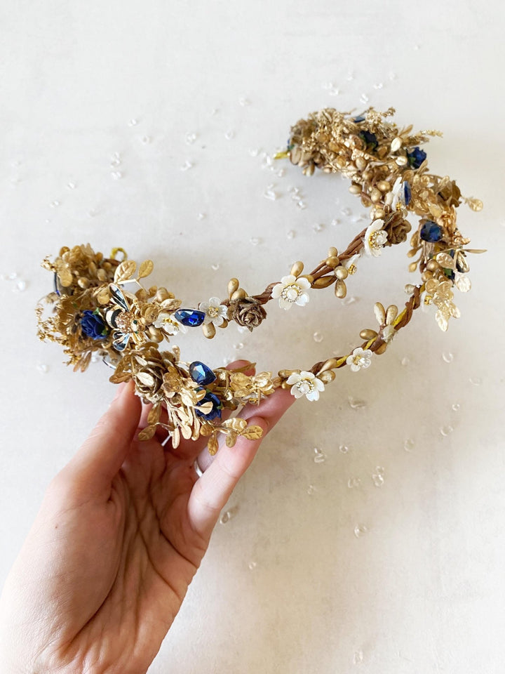 Royal Blue & Gold Flower Crown: Glam Wedding Tiara – handmade floral hair accessory by magaela