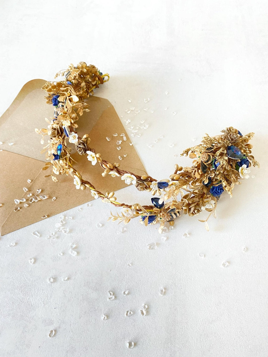 Royal Blue & Gold Flower Crown: Glam Wedding Tiara – handmade floral hair accessory by magaela