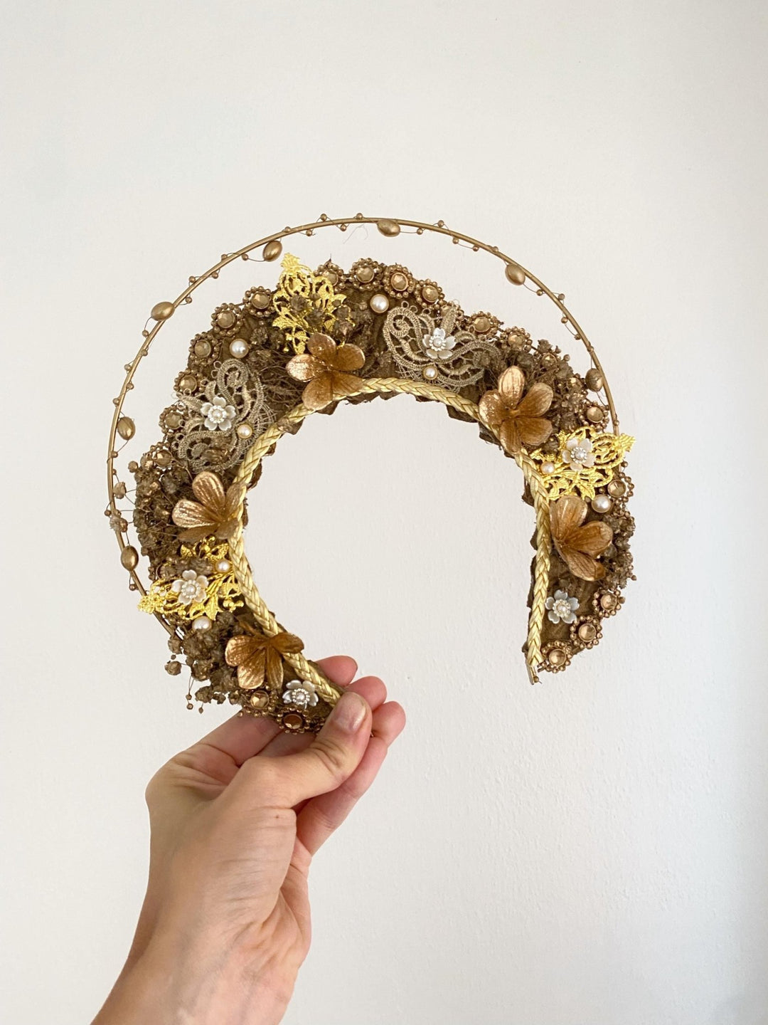 Luxury Golden Bridal Crown: Couture Flower Hair Jewelry – handmade floral hair accessory by magaela