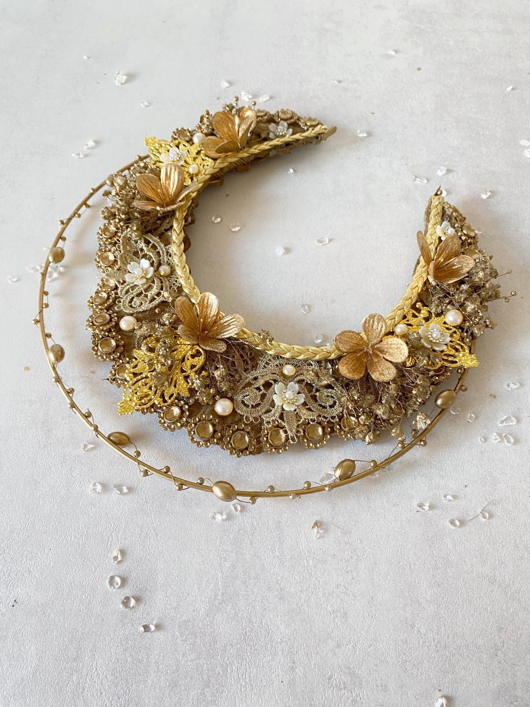 Luxury Golden Bridal Crown: Couture Flower Hair Jewelry – handmade floral hair accessory by magaela