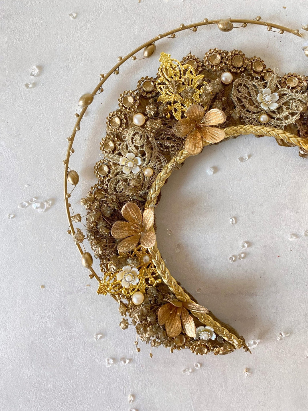 Luxury Golden Bridal Crown: Couture Flower Hair Jewelry – handmade floral hair accessory by magaela