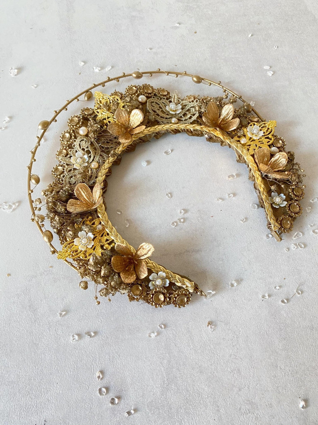 Luxury Golden Bridal Crown: Couture Flower Hair Jewelry – handmade floral hair accessory by magaela