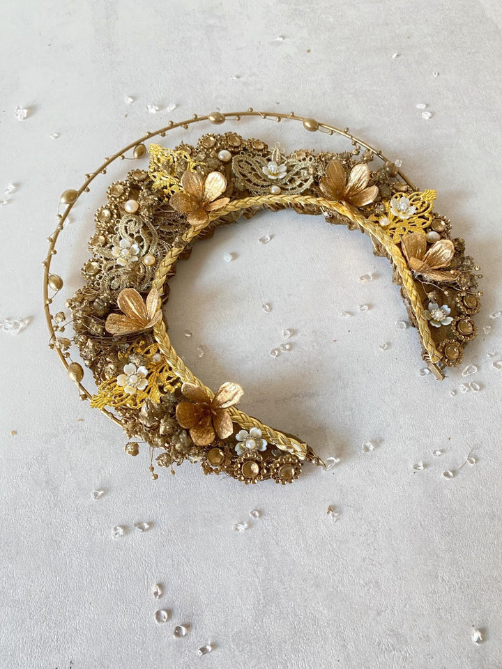 Luxury Golden Bridal Crown: Couture Flower Hair Jewelry – handmade floral hair accessory by magaela