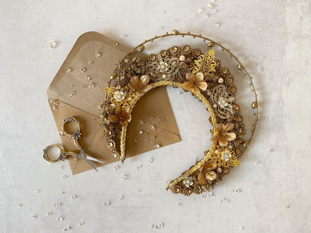 Luxury Golden Bridal Crown: Couture Flower Hair Jewelry – handmade floral hair accessory by magaela